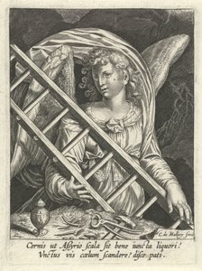 Ängel med stege, hammare, naglar och salva fartyg